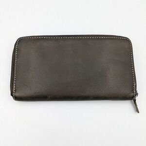 Genuine Leather Zip Around Clutch Wallet Dark Brown Card Organizer Travel Case